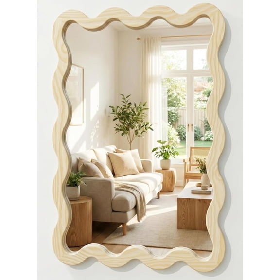 24''x36'' Wavy Wall Mirror, Solid Wood Frame Bathroom Vanity Mirror, Light Wood Decorative Wall Mirror for Bedroom, Entryway, Japandi Organic Modern Decor Accent