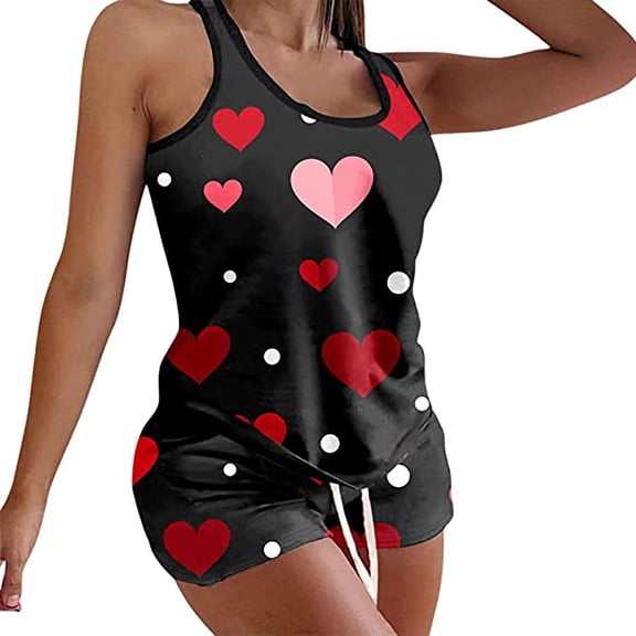 HYwys Women Pajama Sets 2024 Valentine's Day Love Printing Set Elastic Waist Short Pants Sleepwear Sets Black