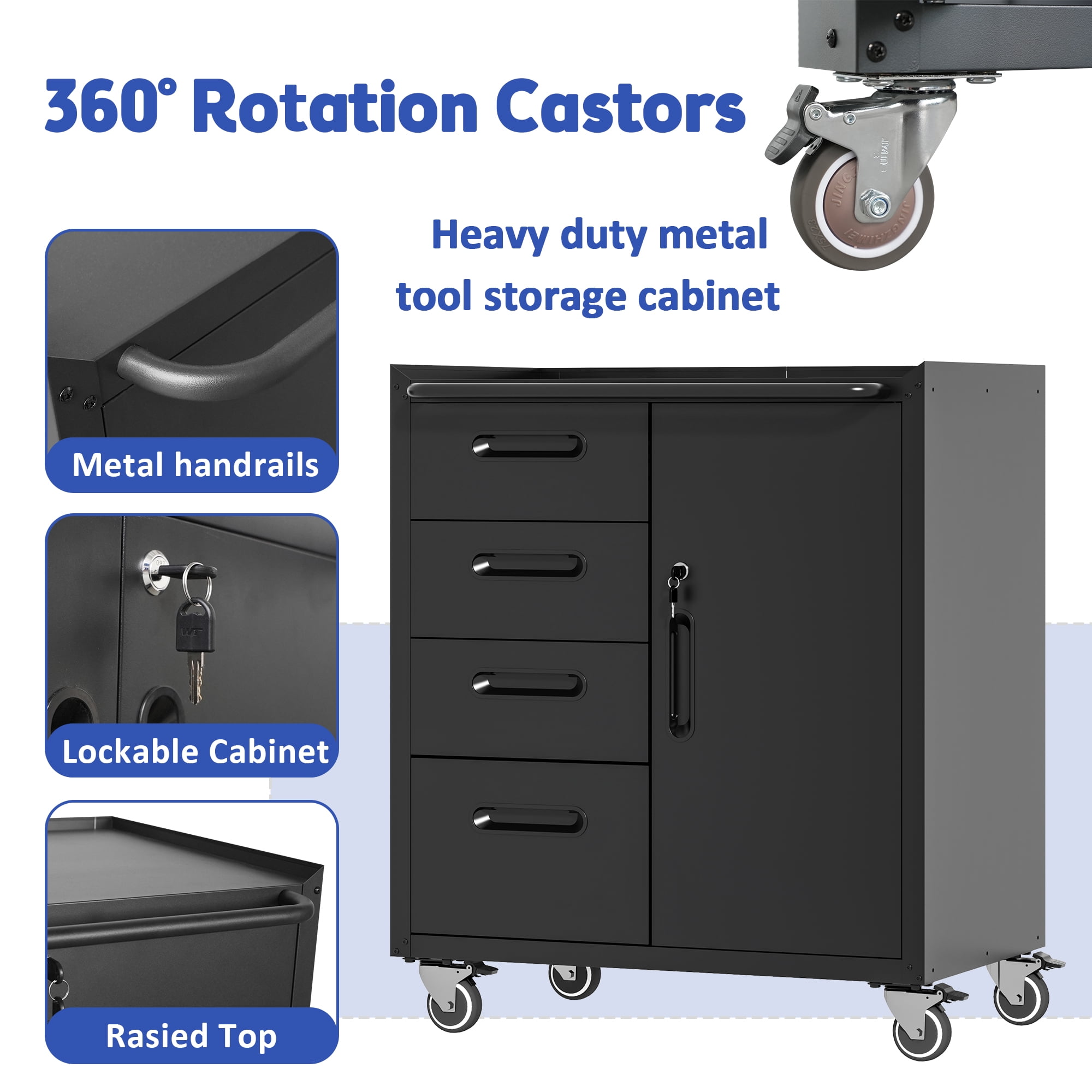 Izzovium 34.65" Steel Tool Cabinet with Lockable Wheels, Garage Organizer with Drawers, Black/Gray