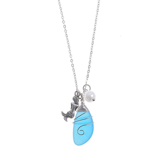 LICEWO Colorful Sea Glass Pendant Necklace Fashion Clavicle Chain Beach Jewelry