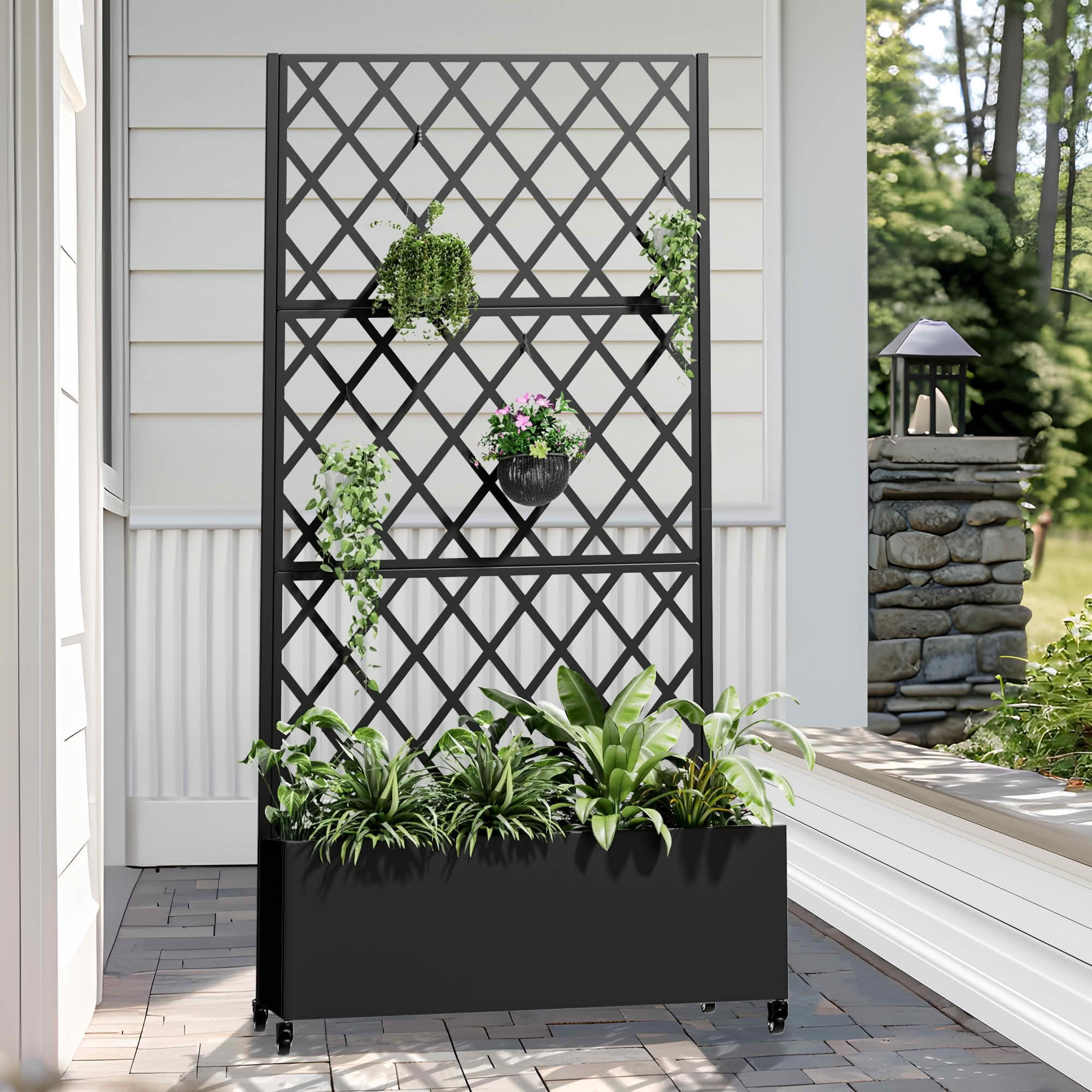 MAYEERTY 72x35x16 Inch Black Metal Rectangular Planter Box with Trellis, 3 Piece Set for Outdoor Garden & Patio