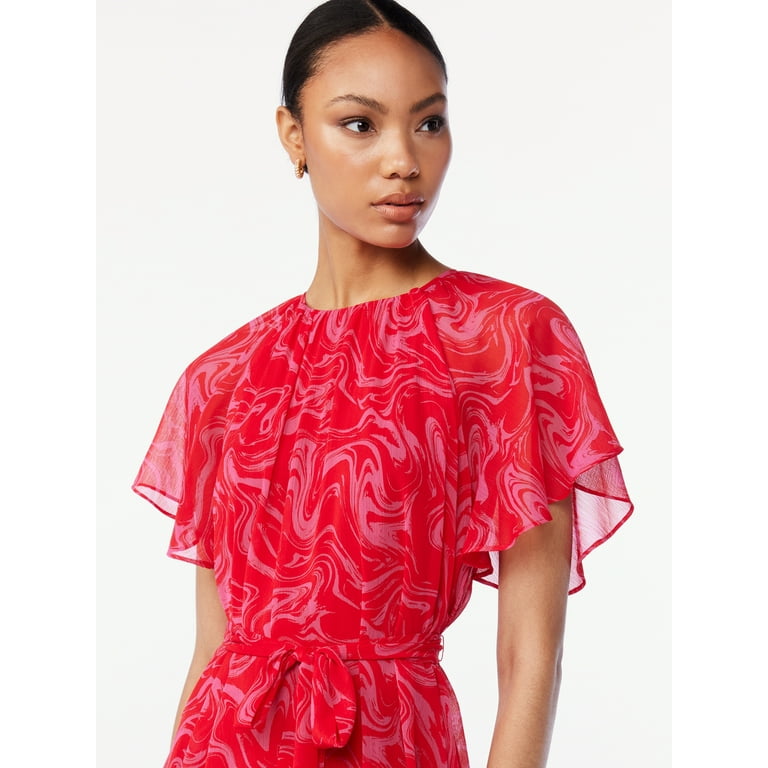 Scoop Women s Tie Waist Midi Dress with Ruffle Sleeves Walmart