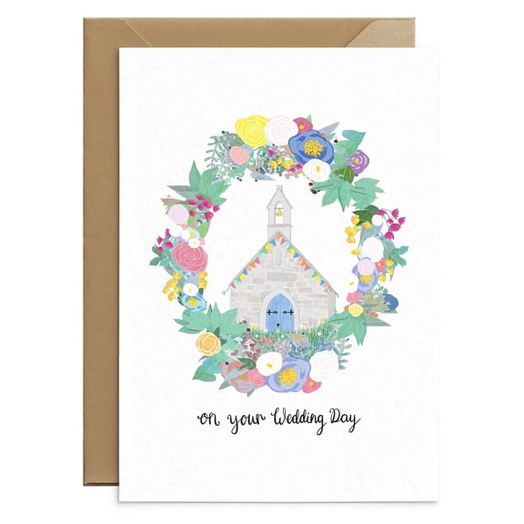 Wedding Day Card – Beautiful Floral Church Design with “On Your Wedding Day” Message – Blank Inside with Envelope – Perfect for Newlyweds and Wedding Celebrations