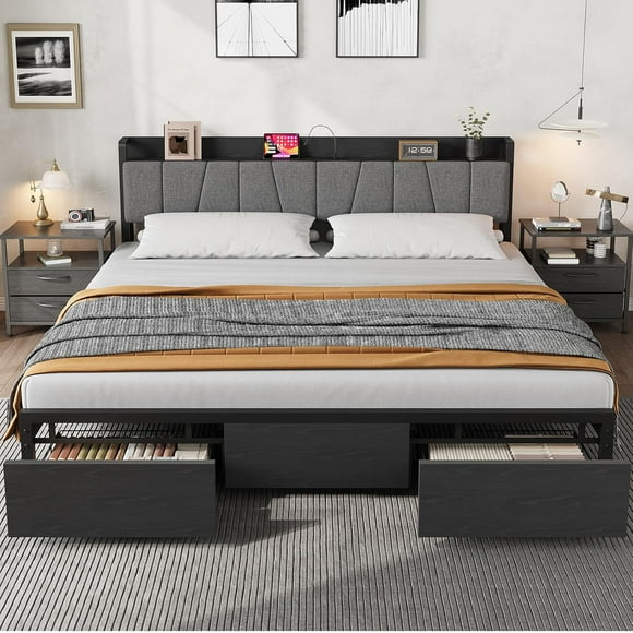 King Size Bed Frame with Headboard, Upholstered Bed Frame with Type-C Charging Station, 2 Storage Drawers, Heavy Duty Metal Slats, No Spring Box Needed