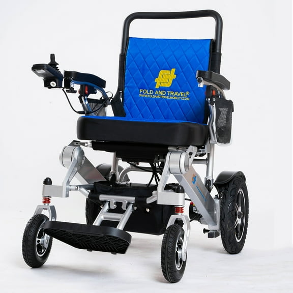 Fold And Travel Lightweight Foldable Remote Control Portable Electric Power Wheelchair - Blue Seat, Silver Frame with 1 Battery