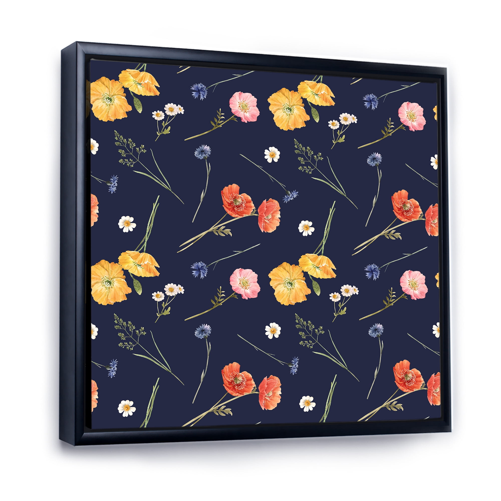 Designart 'Yellow and Orange Wild Flowers On Dark Blue' Traditional Framed Canvas Wall Art Print