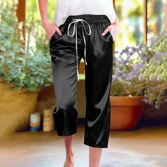 Qulqfy Women Capri Pants Casual Black Satin Silk Capris High Waisted Summer Pants with Pockets Comfy Pants Women L