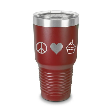

Peace Love Cupcakes Tumbler 30 oz - Laser Engraved w/ Clear Lid - Stainless Steel - Vacuum Insulated - Double Walled - Travel Mug - cupcake sweets - Maroon