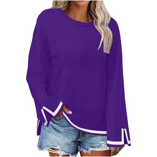 MeetoTime Long Sleeve Tops for Women Round Neck Slit Ribbed Pullover 2024 Fall Clothes Oversized Sweaters