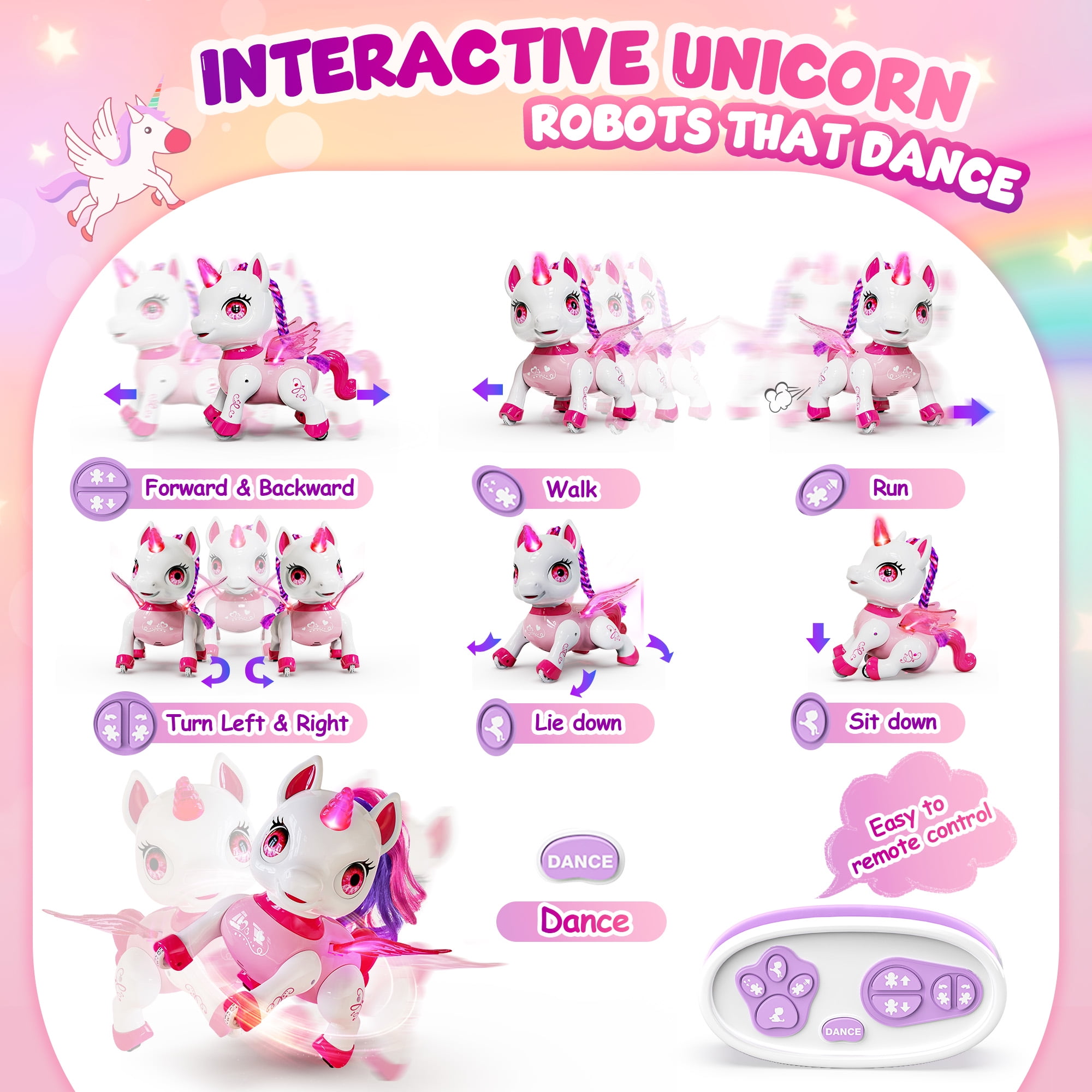 Freecat Girls Unicorn Toy, Kids Robot Pets, Remote Control Robot Toy for 3 4 5 6+ Years Old, Christmas Birthday Gift for 2-4 5-8 Years, STEM Toy Program Treats, Dancing Robot Unicorn Kids Toy, Pink.