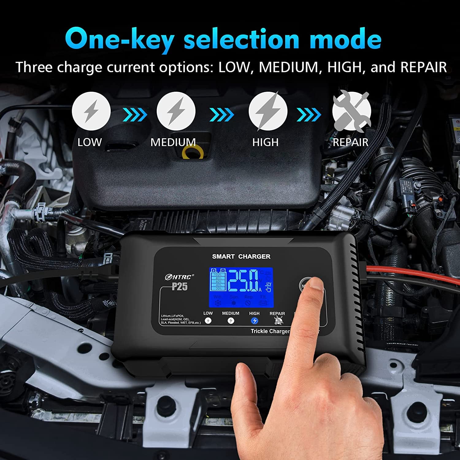 25-amp smart battery charger,lithium,lifepo4,lead-acid agm/gel/sla.. car battery charger,trickle charger, maintainer/deep cycle charger,12v/25a and 24v/13a,for motorcy,boat,lawn mower