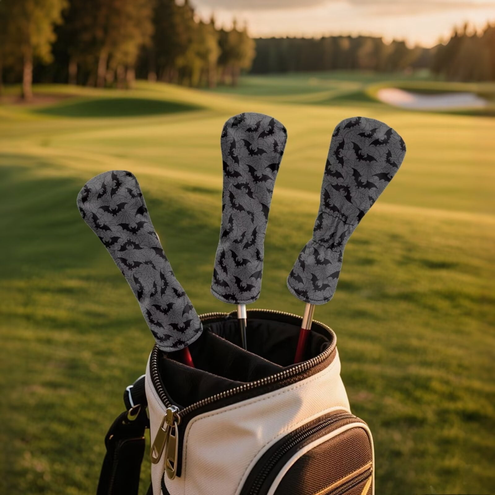 Uorisanigo Golf Club Covers for Women Men, 3 Packs Gray Black Bat Golf Club Driver, Fairway Wood and Hybrid Head Cover, Headcovers Set Keep Clubs Dry and Clean, Funny Accessories