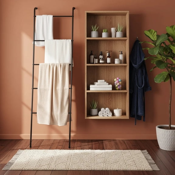 OYEAL 5 Tier Black Leaning Blanket Rack, Towel Ladder for Bathroom, Living Room, Laundry Room