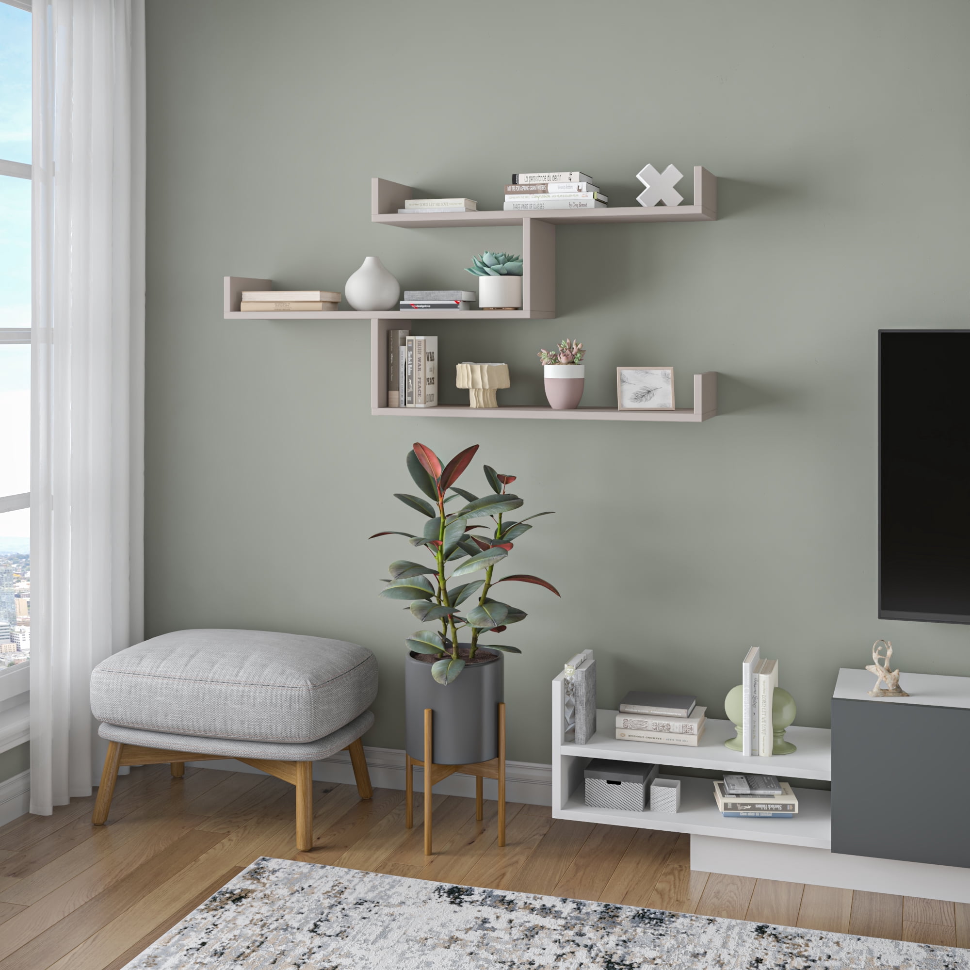 Ada Home Decor Furniture 47" 3 Tier Light Mocha Wilton Modern Wall Shelf