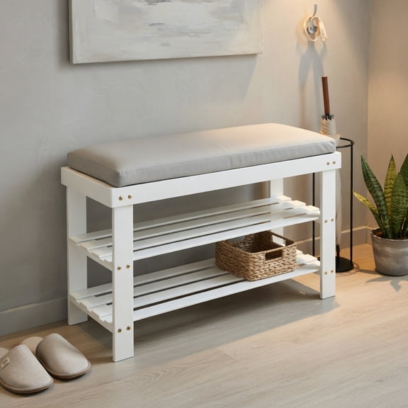 Resenkos 3-Tier Bamboo Shoe Bench Holds up to 6 Pairs for Entry-White, Space-Saving Shoe Rack Organizer for Closet Entryway