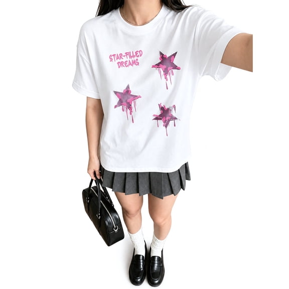 Women's Graphic T-Shirt, Short Sleeve Crew Neck Tee, Pink Star Print, Casual Relaxed Fit
