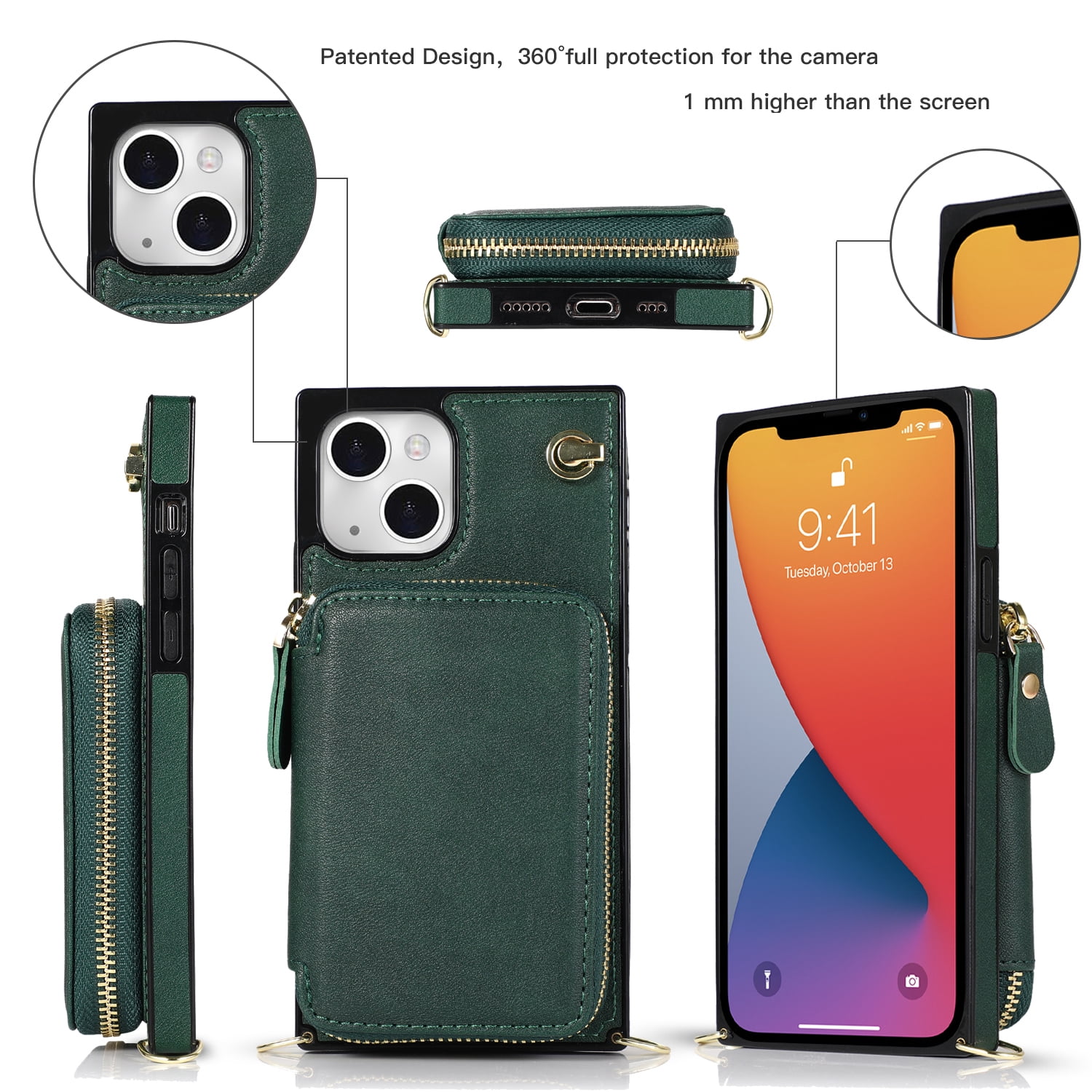 TECH CIRCLE For iPhone 12 Mini Wallet Case,Card Holder Phone Case for Women, Zipper PU Leather Purse Kickstand Folio Flip Case with Crossbody Strap for Apple iPhone 12 mini 5.4" 2020,Darkgreen
