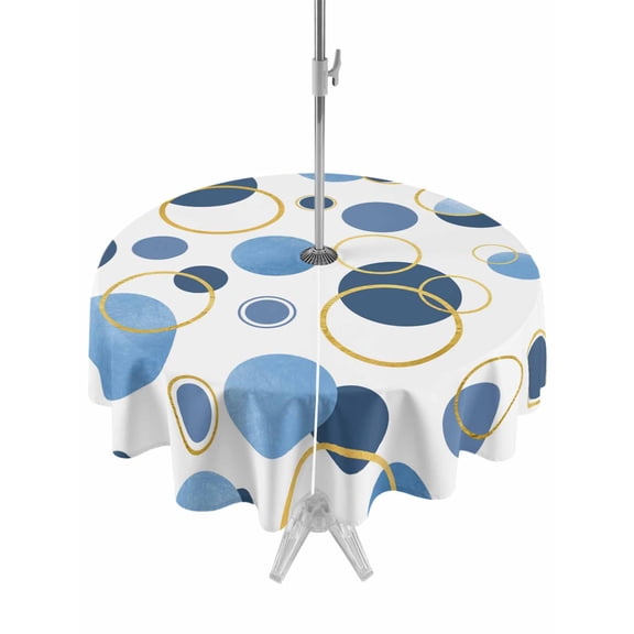 Outdoor Tablecloth with Umbrella Hole and Zipper, Blue Polka Dots Round Table Cloth 60 Inch Waterproof Tablecloth, Modern Abstract Art Picnic Table Cover for Patio Camping