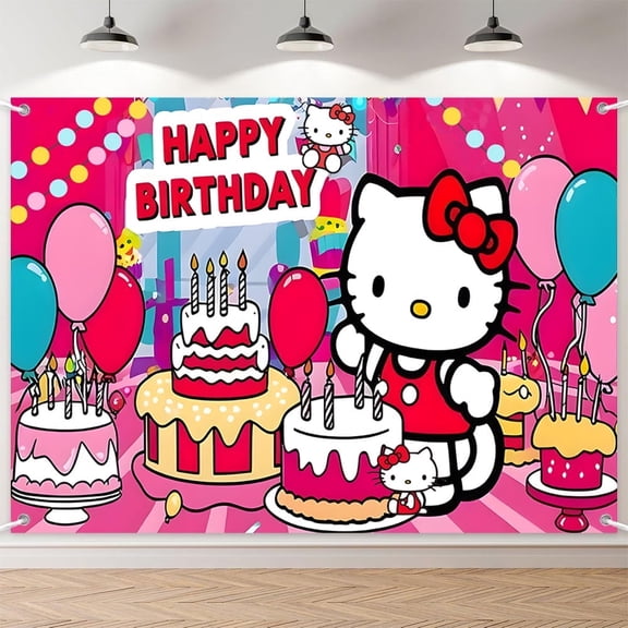 7x5ft Red Cute Cat Colorful Balloon Candle Cake Birthday Backdrop for Kids
