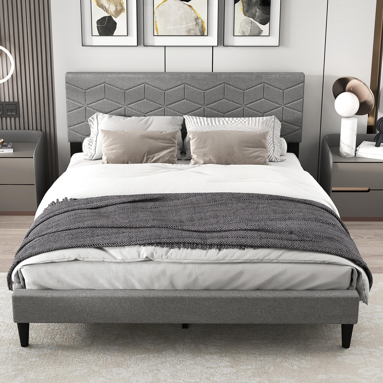 Infans Queen Size Bed Frame w/Linen Fabric Upholstered Headboard & Wooden Slat Support