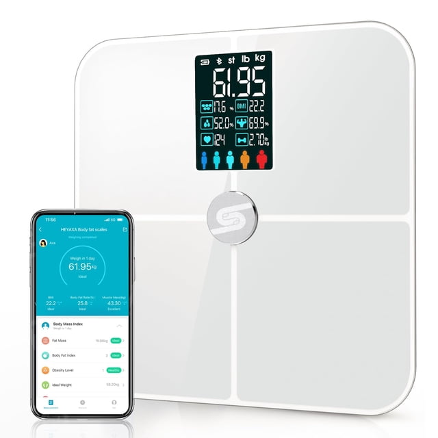 Báscula inteligente HEYAXA para peso corporal, báscula digital con pantalla LCD grande, analizador de composición corporal de 17 pulgadas sincronizado con la aplicación, báscula de grasa corporal para