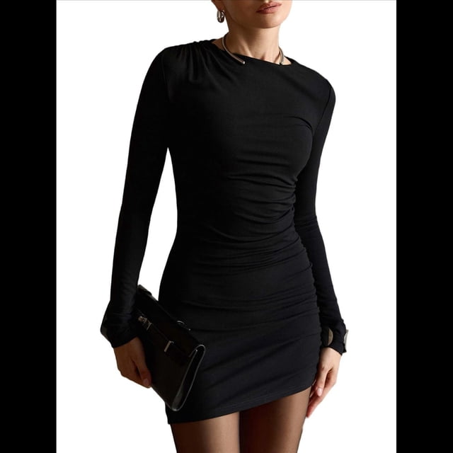 Vestido Corto Ajustado Básico de Punto de Larga para Mujer, de Otoño, para Fiesta, Cóctel o Noche Negro S