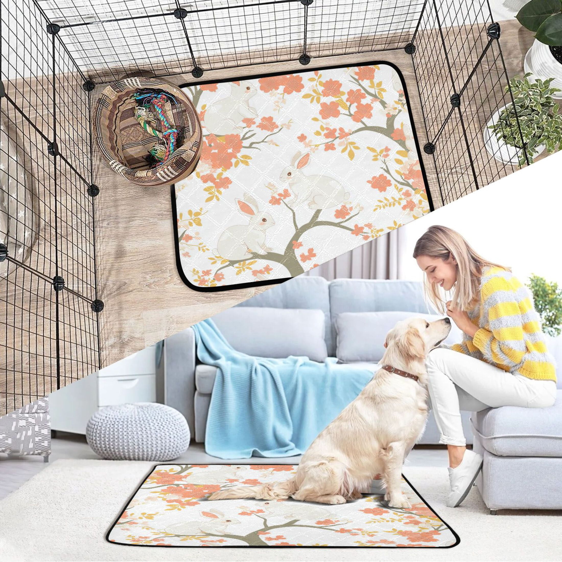Qxltty Cute Rabbits on Orange Flowers Cat litter Pads Pet Set of 2 Diaper Mats Center Anti-leakage Layer Absorbent Soft and Comfortable