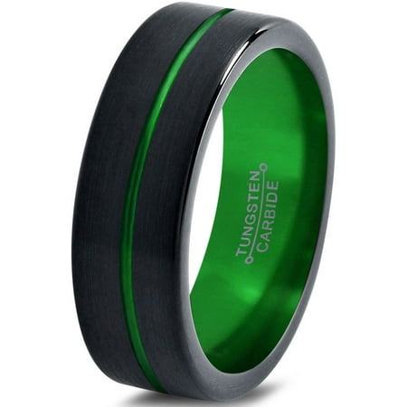 - Tungsten Wedding Band Ring 6mm for Men Women Black Green Center Line Flat Pipe Cut Brushed Polished Lifetime Guarantee