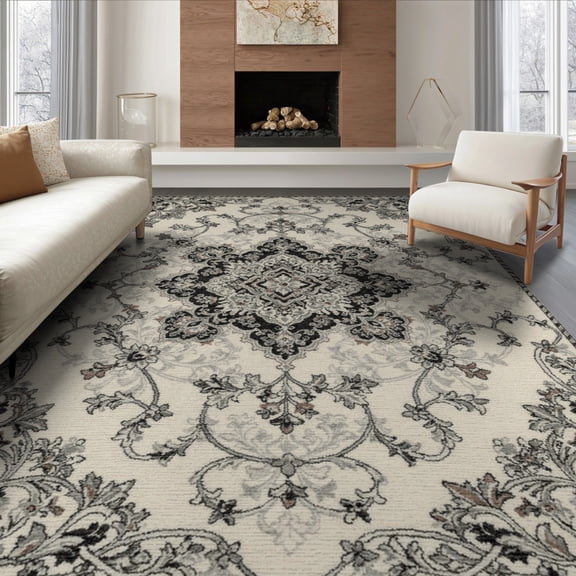 ODIKA 8'x10' Washable Area Rug Oushak Modern Medallion With Faded Vintage Floral Border Detail for Living Room, Under Sectional, Family , Durable, Non-Slip
