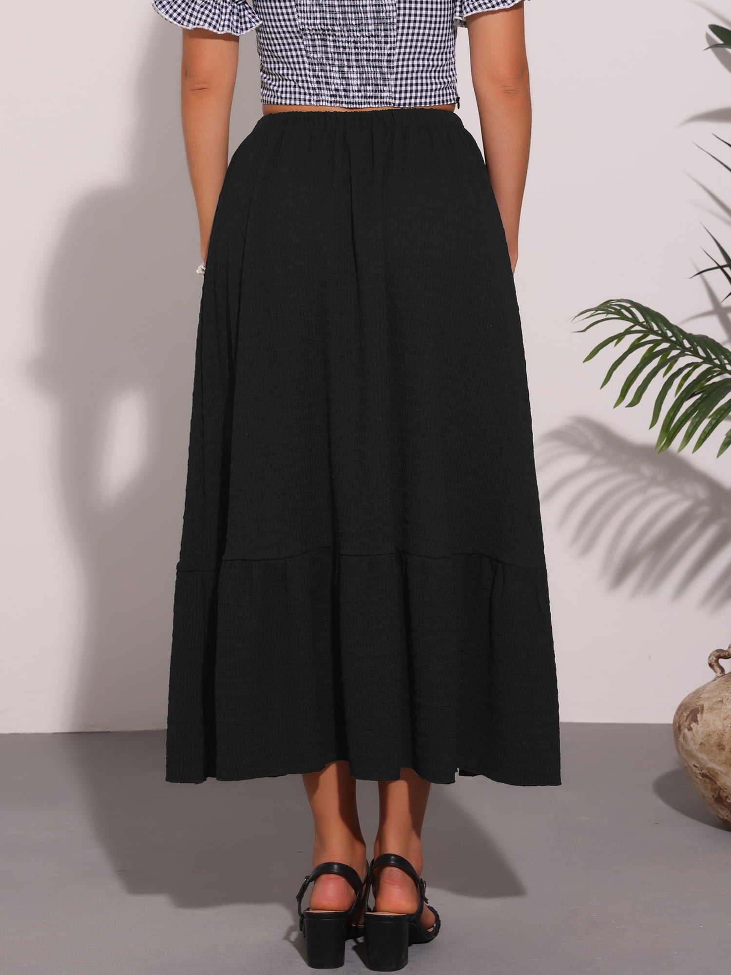 DARING DIVA Women's Elastic High Waist Flowy Tiered A-Line Summer Maxi Skirt M Black