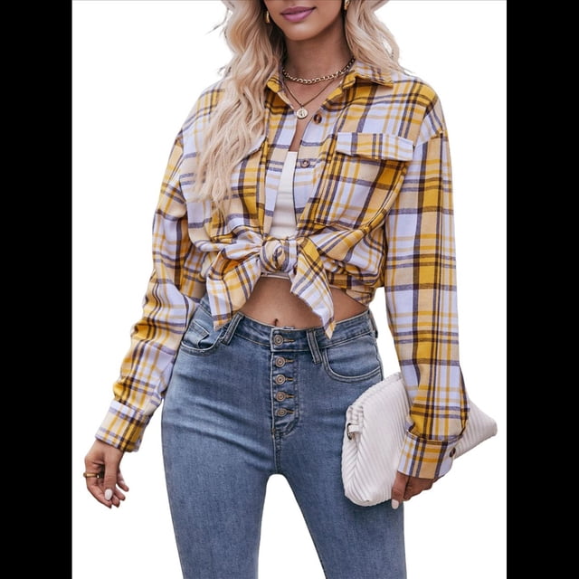 Camisa de Franela A Cuadros con Botones para Mujer, Chaqueta de Larga y Corta, Talla Grande. Amarillo XL