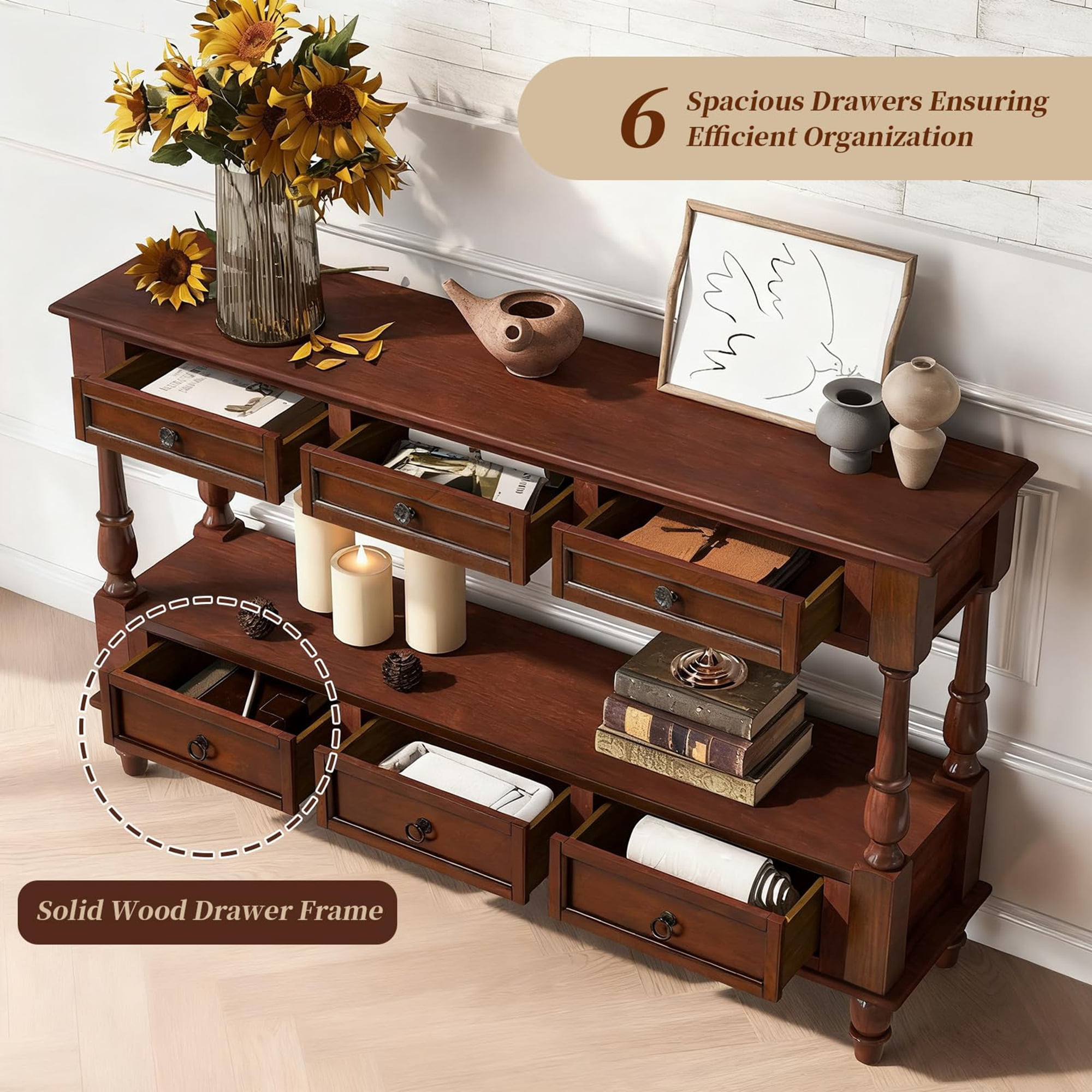 BFJDM Farmhouse Solid Wood Console Table with 6 Drawers and Shelf, Narrow Long, Stain Resistant, Cherry