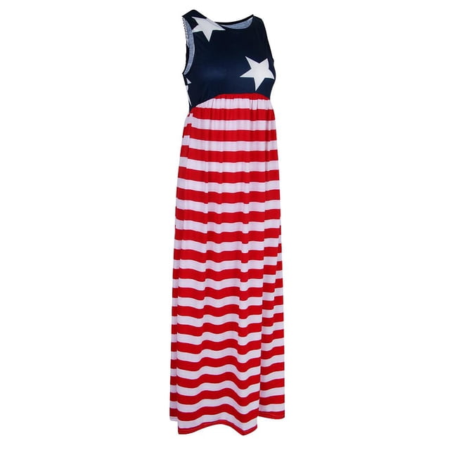 Maxi vestido sin mangas de con estampado de estrellas y rayas de EE. UU. para mujer con bolsillo SG Sunnimix maxi vestido con bolsillo
