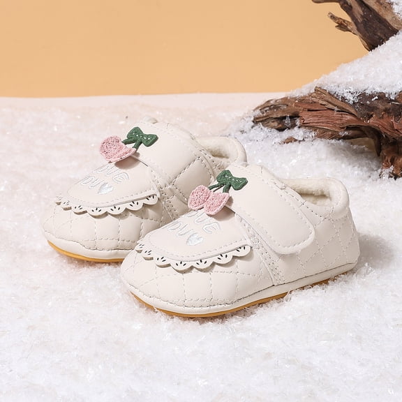 Infant Baby Toddler Girls Winter Soft Sole Warm Cotton Boots with Non-Slip Outsole and Magic Strap Closure Featuring Love Heart Cherry Towel Embroidery for Indoor Outdoor Use - Beige