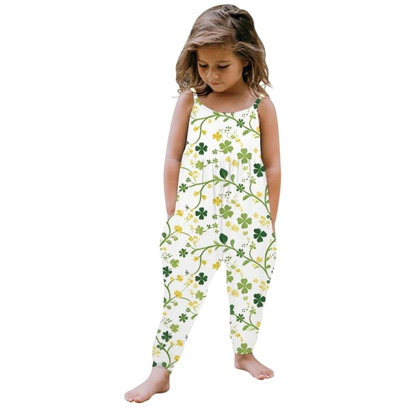 Toddler Girl St Patrick's Day Outfit Overalls Jumpsuit Sleeveless Spaghetti Strap Summer Loose Long Harem Pants White 3 Y-4 Y