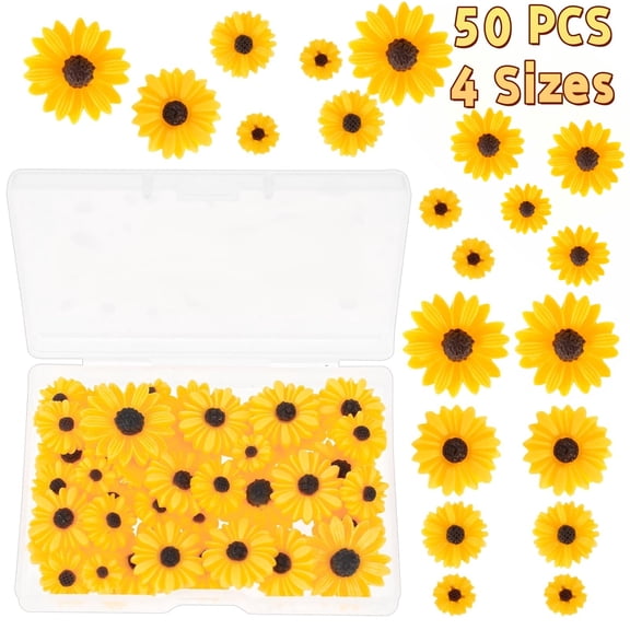MODANU 50Pcs Resin Sunflower for Craft, 4 Sizes Small Flatback Yellow Decorative Daisy Flowers for Scrapbook Embellishment, DIY and Sunflower Party Decorations-No Hole