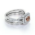 thumbnail image 4 of JeenMata 1.25 CT - Princess Cut - Champagne created morganite - Double Halo - Twisted Band - Vintage Inspired - Wedding Ring Set in 18K White Gold over Silver, 4 of 8