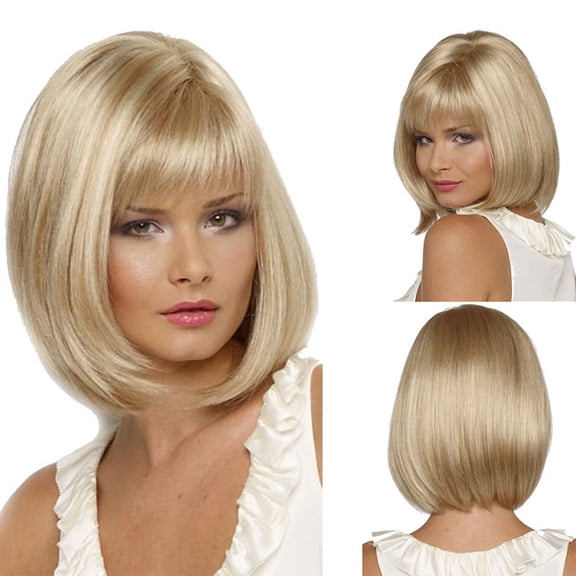 Blonde Head Wig with Full Bangs and Golden Short Hair for Women & Girls, Synthetic High-Temperature Fiber, Lace Front, Adjustable Cap, Natural Look, 1 Pack Wedding, Halloween, Christmas,Season, Anni
