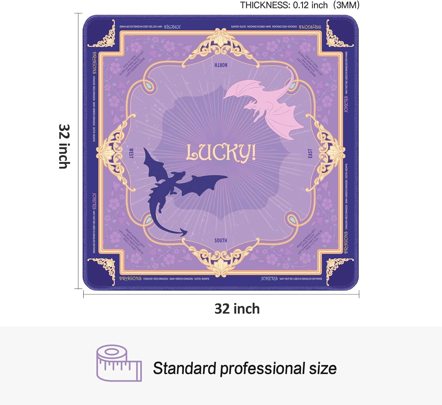 Mahjong Mat (32"x32") - Non-Slip, Quiet, Waterproof & Foldable Game Mat for American Mahjong (Lucky Star Dragons)