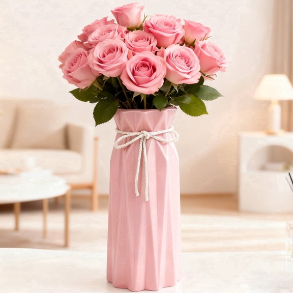 Farcauo Ceramic Pink Vase Flower Vase for Home Decor Modern Style 9.5 inch Tall Vase for Table Shelf Home Decor Vase for Fireplace Bedroom Kitchen Living Room Wedding Office Desk Birthday Gifts
