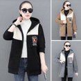 thumbnail image 2 of comerut Lady Fall Winter Coat Thick Fleece Colorblock Long Sleeve Hooded Pockets Mid Length Zipper Closure Cardigan Warm Loose Lady Jacket, 2 of 8