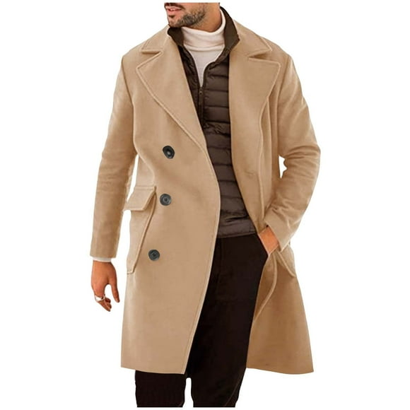 Men's Double Breasted Hooded Lapel Overcoat, Long Sleeve Wool Blend Coat with Pockets for Winter and Spring, Regular Length Casual Jacket