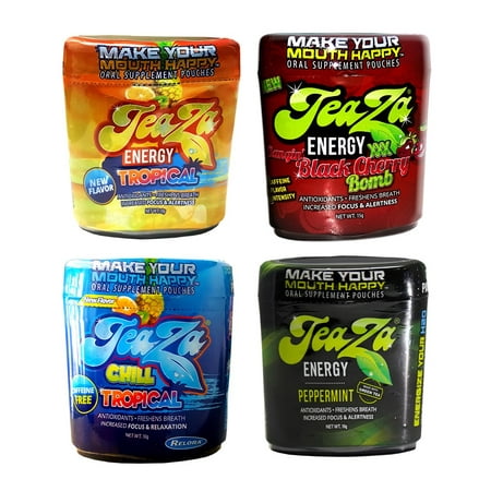 Teaza Multi Pack 4 Flavors Peppermint, Banging Black Cherry, Tropical, and Caffeine-Free Tropical