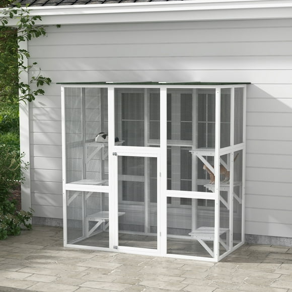 PawHut Grande Cage Extérieure en Bois pour Chat Blanche
