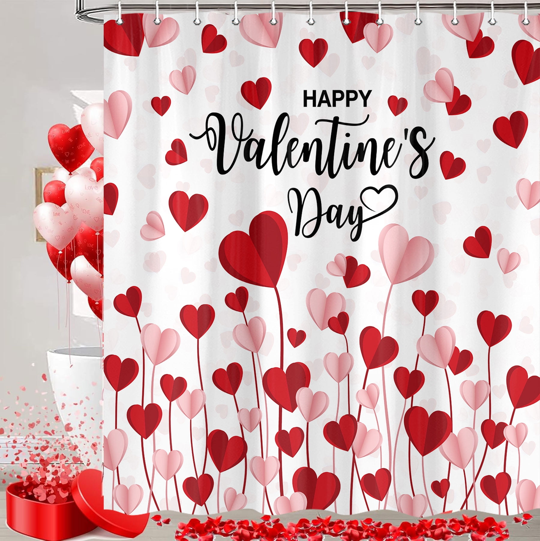 Valentines Shower Curtain, Cute Red Pink Love Heart Romantic Valentine Day Shower Curtain Set for Bathroom, Valentines Day Fabric Shower Curtains Bathtub Decor with Hooks 69X70IN
