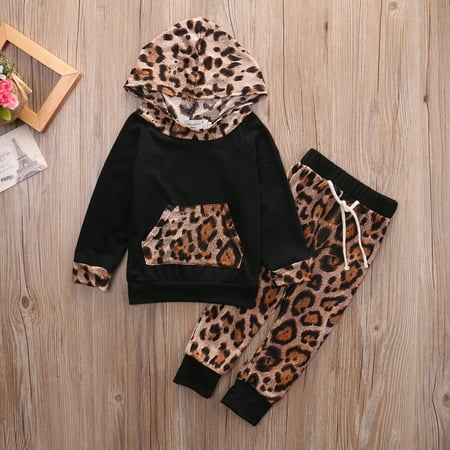 

Carolilly 2PCS Newborn Kids Baby Boys Girls Autumn Winter Clothes Leopard Pullover Hooded Coat Pants Outfits