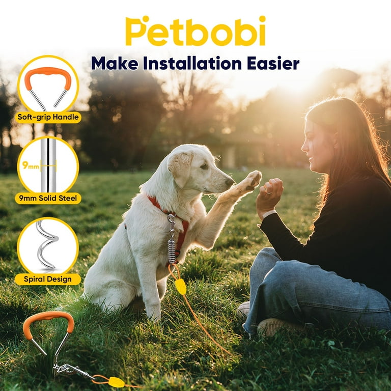 Petbobi Dog Tie Out Cable and Stake, 30ft Dog Runner for Yard Chew Proof Wire Rope for Large Dogs up to 120LBS, Orange