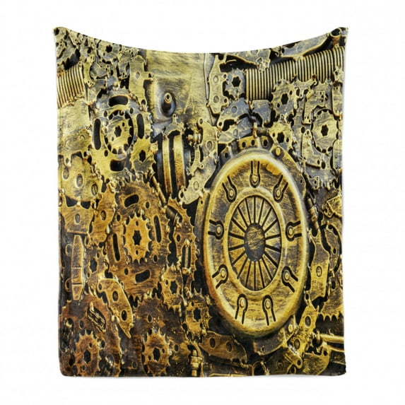 Steampunk Soft Flannel Fleece Blanket, Vintage Machinery Close up Image Print with Rusty Mechanical Elements, Cozy Plush for Indoor and Outdoor Use, 60" x 80", Yellow Grey Dark Brown, by Ambesonne