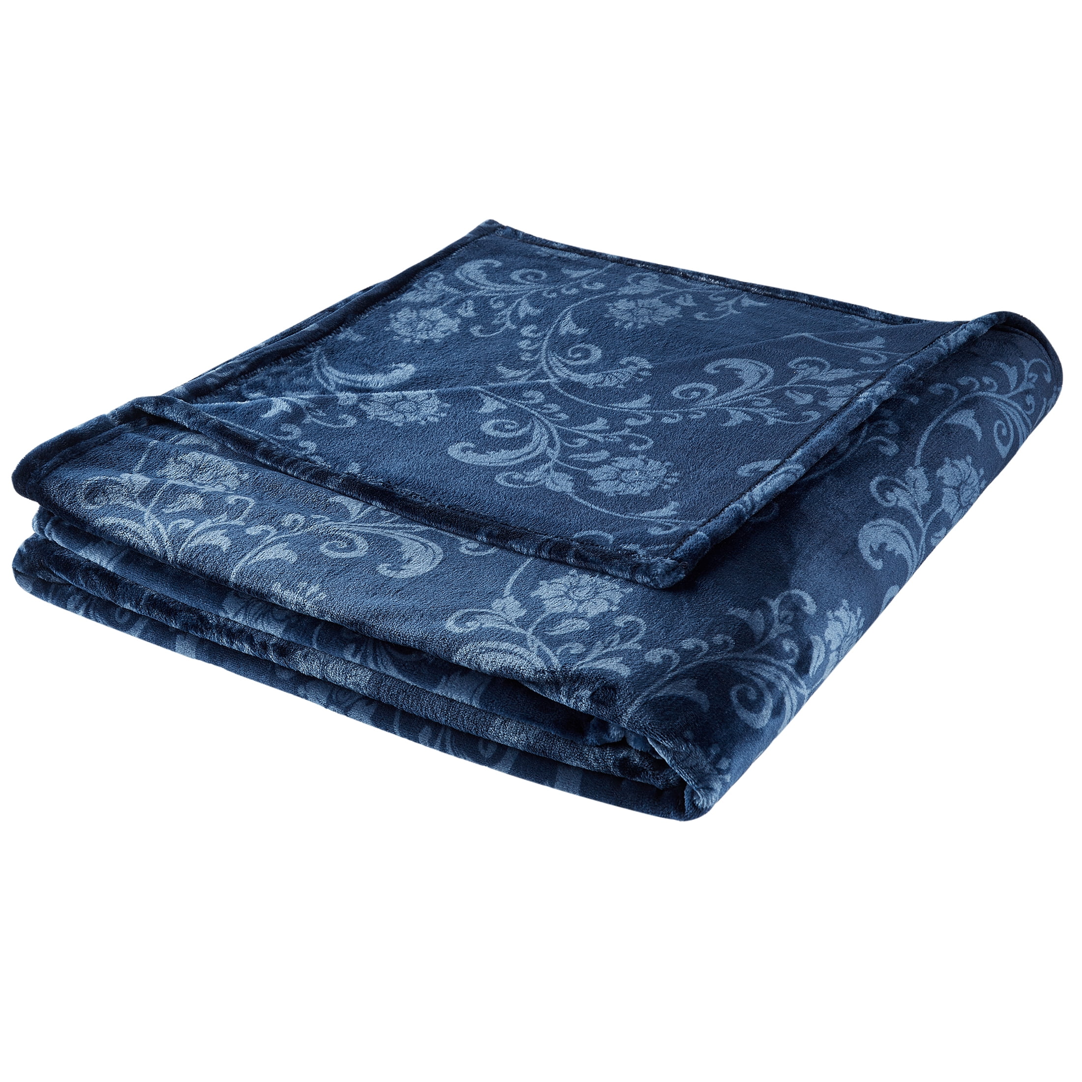 SoftLux Printed Luxury Velvet Plush Fleece Blanket, Full/Queen, 90" x90", Blue Floral Scroll