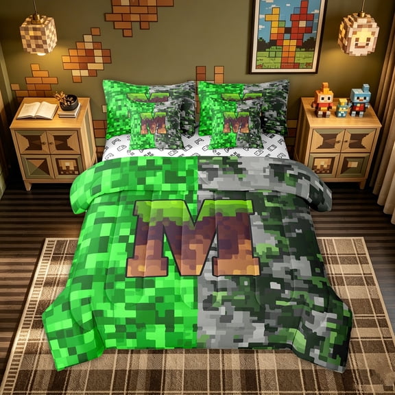 meiyoeat Pixel Grass M Initial Twin Bedding for Boys, Gamer Block Monogram Bedding Comforter Set, Green Brown, Gamepad Reversible, 7-Piece